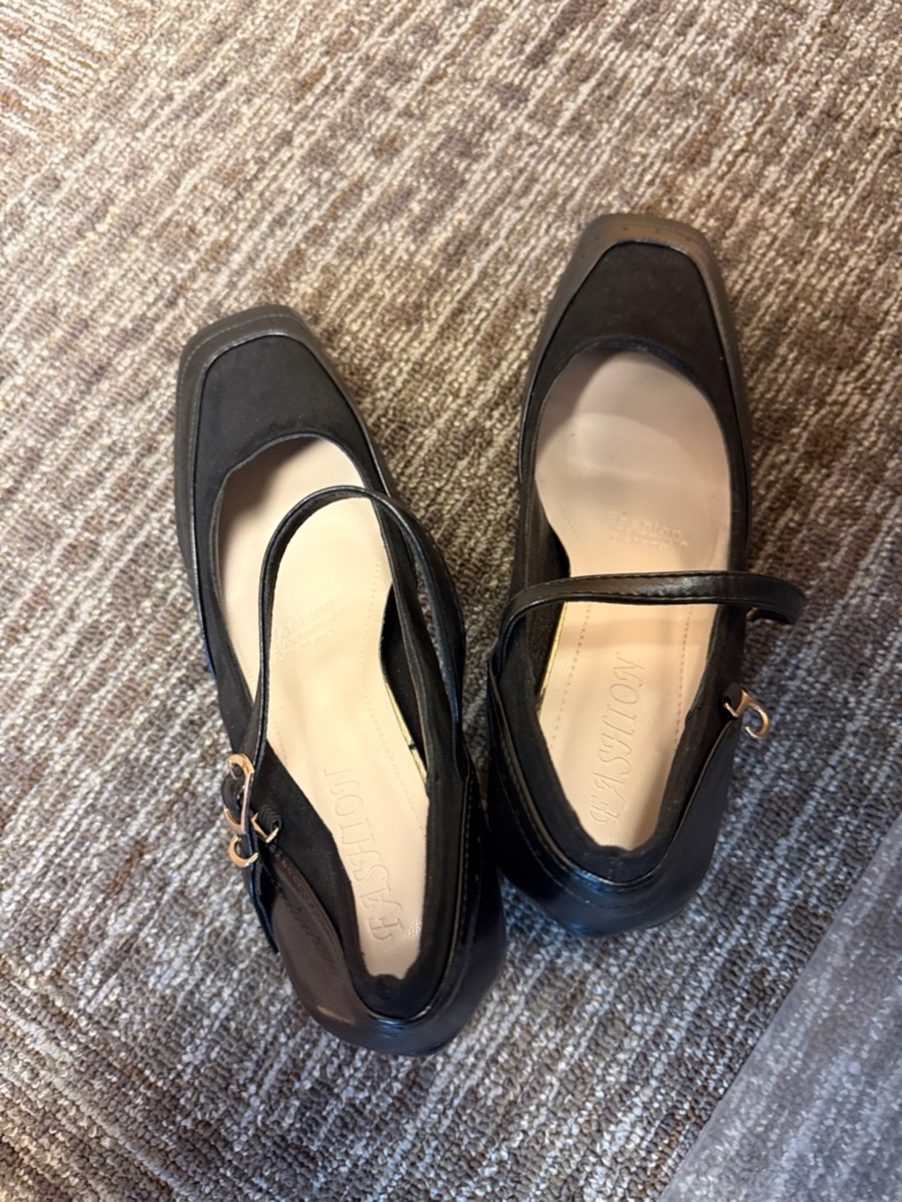 Black Square-Toe Mary Jane Heels with Gold Buckle